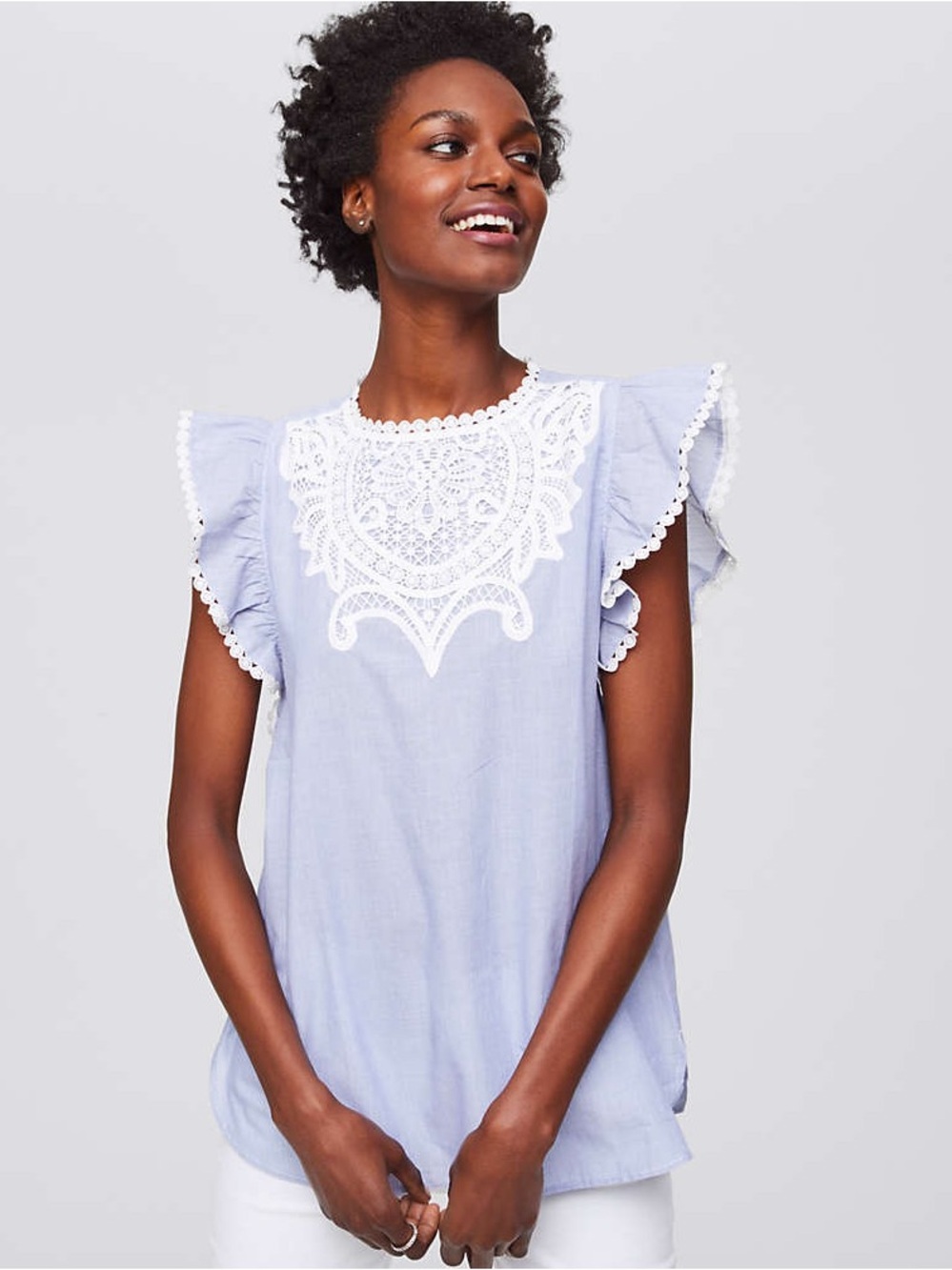 Crochet Loft Flutter Sleeve Top - Light Blue and white pin-stripe lace details L - Picture 11 of 11